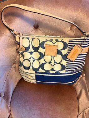 Coach Daisy Patchwork Convertible Shoulder Bag Navy Blue White Stripe F23963